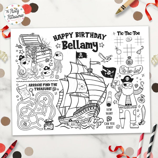 Pirate Coloring Placemat, Printable Pirate Activity Mat, Personalized, Digital File, Pirate Party, Activity Mat