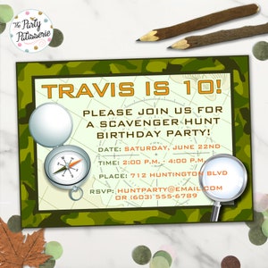 Scavenger Hunt-verjaardagsuitnodiging, camouflage-uitnodiging, digitaal bestand, afdrukbaar, Treasure Hunt-feest
