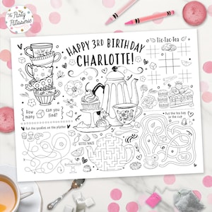 Tea Party Coloring Placemat, Personalized, Tea Time, Printable, Custom, High Tea Birthday, Activity Mat