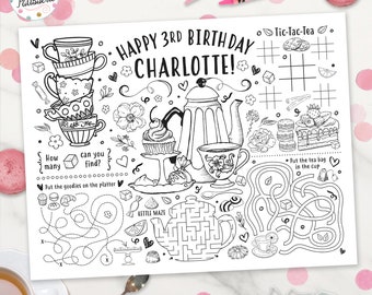 Tea Party Coloring Placemat, Personalized, Tea Time, Printable, Custom, High Tea Birthday, Activity Mat