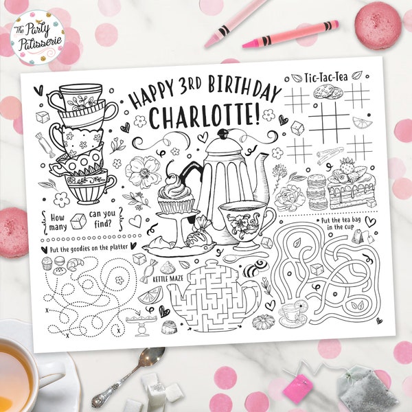 Tea Party Coloring Placemat, Personalized, Tea Time, Printable, Custom, High Tea Birthday, Activity Mat