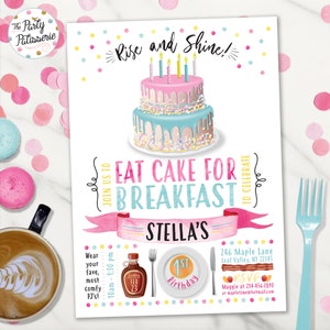 Cake for Breakfast Birthday Invitation, Morning Party, Digital File, Printable, Custom, Pancake Party Invite, Pajama Party, Sleepover Party