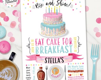 Cake for Breakfast Birthday Invitation, Morning Party, Digital File, Printable, Custom, Pancake Party Invite, Pajama Party, Sleepover Party