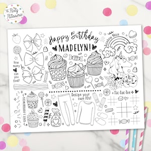 Bow Cupcake Unicorn Candy Pajamas Coloring Placemat, Girly Party, Printable, Custom, Bow Party, Cupcake Birthday, PJ Party, Sleepover Party