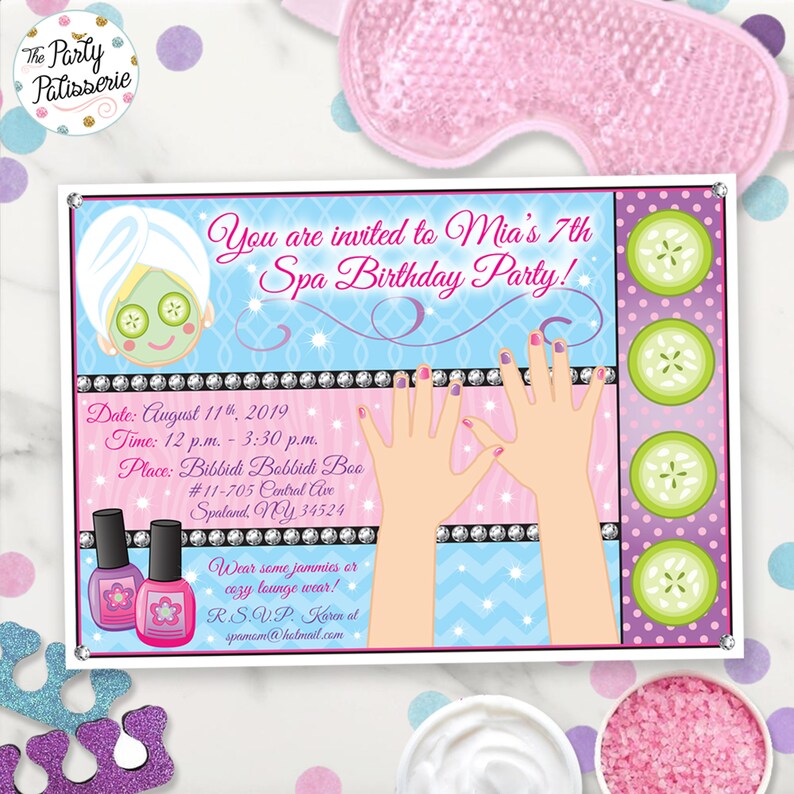 May include: A pink and blue spa birthday party invitation featuring a cartoon image of a girl having a manicure and a girl with a cucumber face mask. The invitation includes the text "You are invited to Mia's 7th Spa Birthday Party!" and details about the party, including the date, time, and location.