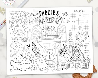 May include: Black and white baptism activity sheet with the text "Parker's Baptism". The sheet includes a maze, Tic-Tac-Toe, and illustrations of a church, dove, and angel. The Party Patisserie logo is in the upper left corner.