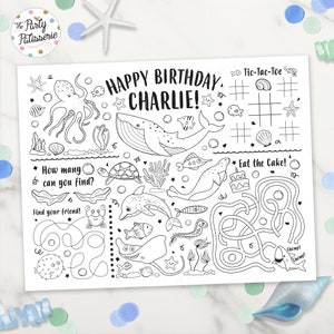 Placemat zeedieren kleuren, zeedieren, onder de zee, gepersonaliseerd, digitaal bestand, afdrukbaar, activiteitenmat, feestbedankje, kleurplaat