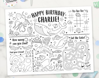 Sea Animal Coloring Placemat, Sea Creatures, Under the Sea, Personalized, Digital File, Printable, Activity Mat, Party Favor, Colouring Page