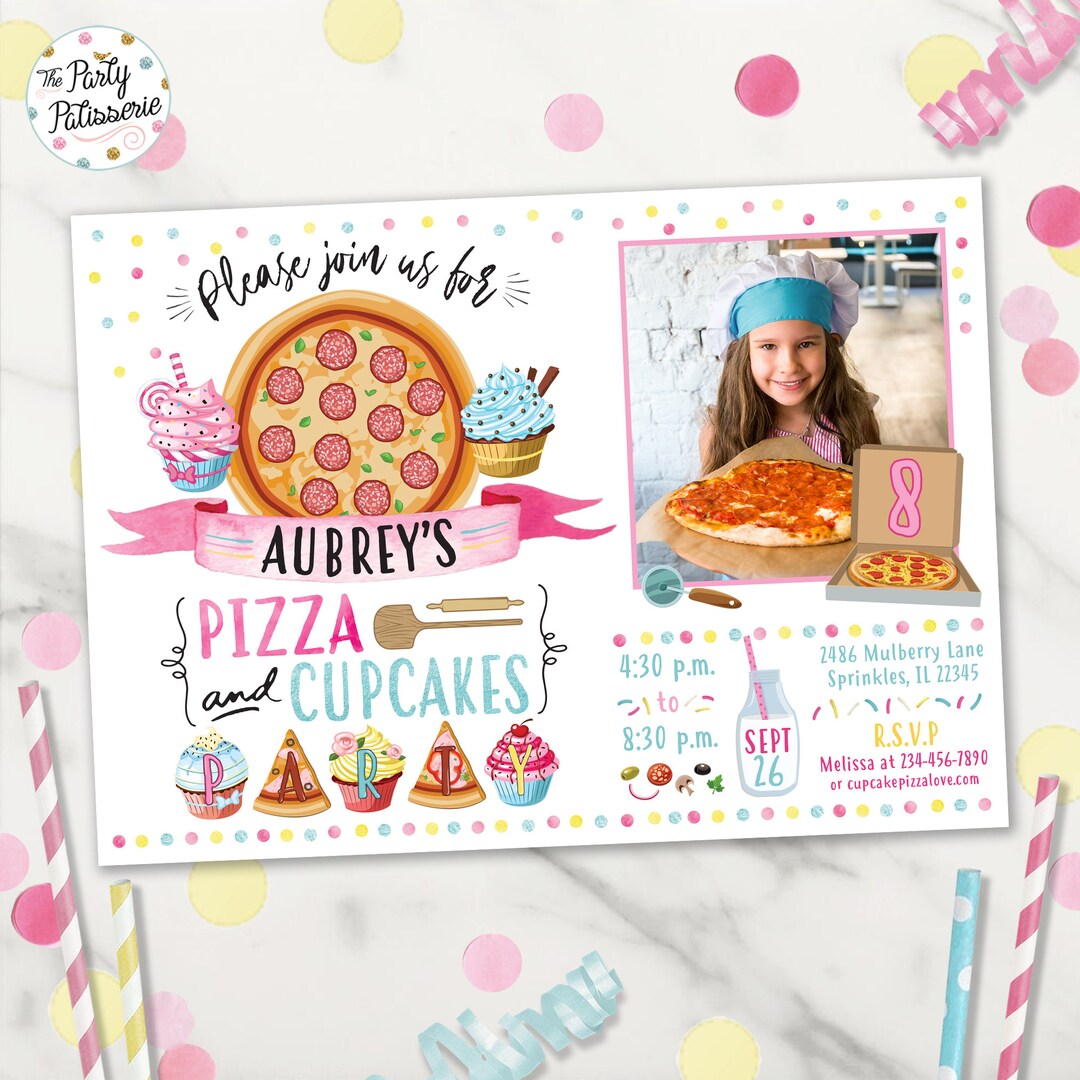 Pizza and Cupcakes Party Picture Birthday Invitation Digital Etsy