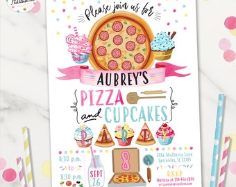Pizza and Cupcakes Party Birthday Invitation, Vegetarian Option, Digital File, Printable, Pizza Party Invite, Cupcake Party, Kosher Pizza