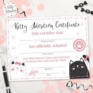 Kitty Adoption Certificate, Digital File, Printable, Kitty Birthday, Cat Birthday, Kitten Adoption, Kitty Printable, Instant Download