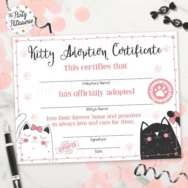 Kitty Adoption Certificate, Digital File, Printable, Kitty Birthday, Cat Birthday, Kitten Adoption, Kitty Printable, Instant Download