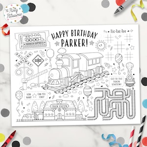 Tovaglietta da colorare con treni stampabile, pagina da colorare, compleanno, file digitale, stampabile, locomotiva, ferrovia, tappetino per attività