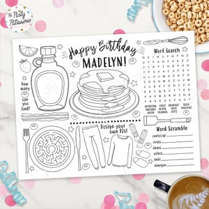 Druckbare Pfannkuchen und Pyjamas Tischset zum Ausmalen, personalisiert, digitale Datei, personalisierbar, Pfannkuchenparty, PJ-Party, Sleepover, Aktivitätsmatte