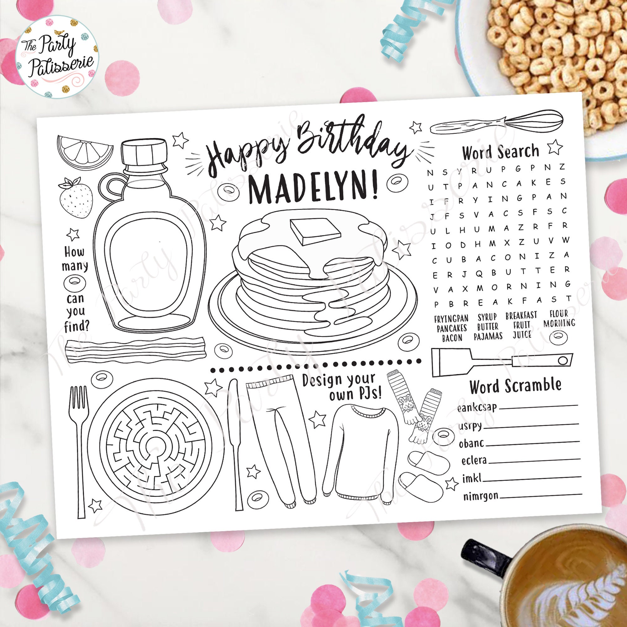 Printable Pancakes and Pajamas Coloring Placemat, Personalized, Digital File, Custom, Pancake Party, PJ Party, Sleepover, Activity Mat