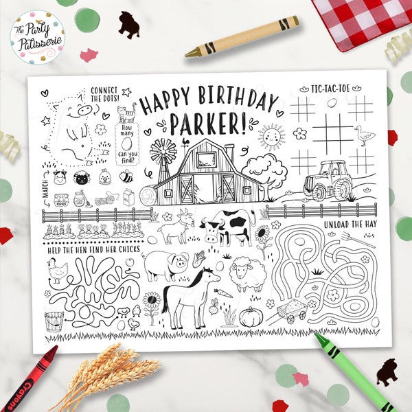 Barnyard Coloring Placemat, Farm Placemat, Personalized, Digital File, Printable, Custom, Farm Animal Party, Barnyard Party, Activity Mat