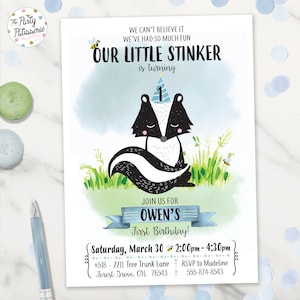 Little Stinker Invitation, Skunk Birthday Invitation,  Digital File, Printable, Custom, First Birthday, Toddler Birthday