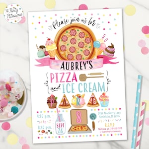 Pizza and Ice Cream Birthday Party Invitation, Digital File, Printable, Pizza Party Invite, Ice Cream Party, Kosher Option