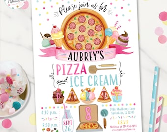 Pizza and Ice Cream Birthday Party Invitation, Digital File, Printable, Pizza Party Invite, Ice Cream Party, Kosher Option