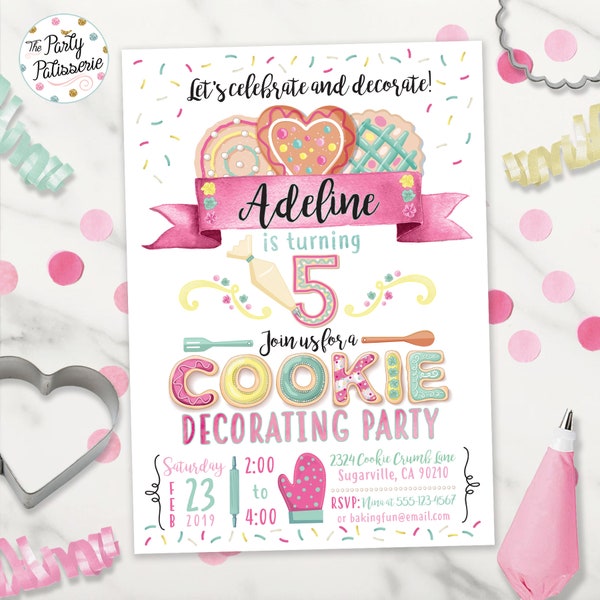 Invitación de cumpleaños de decoración de galletas, archivo digital, imprimible, personalizado, invitación a fiesta de horneado, fiesta de galletas