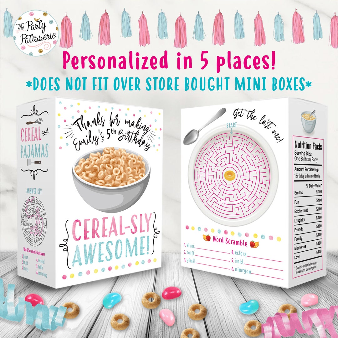 Printable PERSONALIZED Make Your Own Cereal and Pajamas Mini Cereal Box Favor, Cereal Birthday