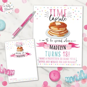 Letrero y tarjeta con mensaje de cápsula del tiempo de panqueques y pijamas, archivo digital, imprimible, personalizado, letrero para fiesta de panqueques, fiesta de pijamas