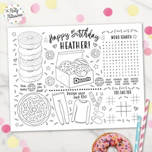 Donuts und Pyjamas Tischset zum Ausmalen, personalisiert, digitale Datei, bedruckbar, personalisierbar, Pyjama-Party, PJ-Party, Sleepover, Aktivitätsmatte