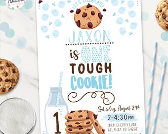 Eén stoere Cookie-verjaardagsuitnodiging, digitaal bestand, afdrukbaar, Cookie-feestuitnodiging, koekjes en melkverjaardag