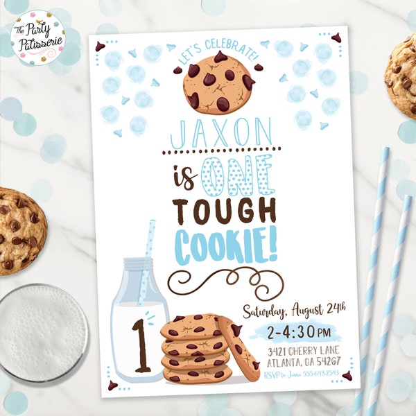 One Tough Cookie Birthday Invitation, Digital File, Printable, Cookie Party Invitation, Cookies and Milk Birthday