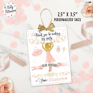 Op de afbeelding: Roze en gouden ballerina bedankkaartje met de tekst "Bedankt voor het maken van mijn feestje Tutu Special! Van: Elizabeth".