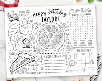 Pizza Coloring Placemat, Pizza Party, Personalized, Digital File, Printable, Custom, Cooking Party, PJ Party, Sleepover, Activity Mat