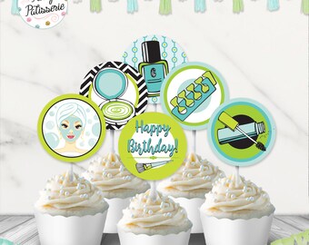 Spa Birthday Party Cupcake Circles, Cupcake Toppers, Lime, Turquoise, Instant Download, Digital File, Printable, Sticker Circles, Spa Party