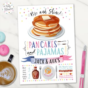 Boy Girl Twins Pancakes and Pajamas Party Birthday Invitation, Digital File, Printable, Twin Birthday, Pancake Party, Pajama Party