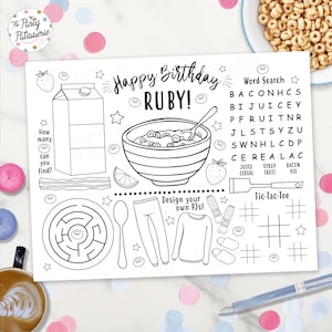 Cereal and Pajamas Coloring Placemat, Personalized, Digital File, Printable, Custom, Cereal Party, PJ Party, Sleepover, Activity Mat