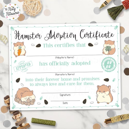 Printable Hamster Adoption Certificate, Hamster Birthday, Hamster Party, Adopt a Hamster