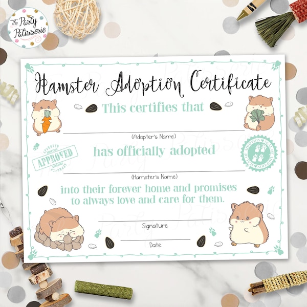 Printable Hamster Adoption Certificate, Hamster Birthday, Hamster Party, Adopt a Hamster