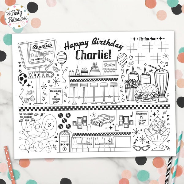 Printable Retro Diner Coloring Placemat, 50's Party, Diner Activity Mat