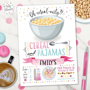 Invito di compleanno per festa di cereali e pigiama, file digitale, stampabile, personalizzato, invito per festa di cereali, pigiama party, festa della colazione, ragazza