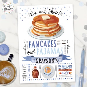 Invito per festa di compleanno per ragazzi con pancake e pigiama, file digitale, stampabile, personalizzato, invito per festa di pancake, pigiama party, pigiama
