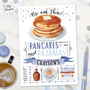 Boy Pancakes and Pajamas Party Birthday Invitation, Digital File, Printable, Custom, Pancake Party Invite, Pajama Party, PJ