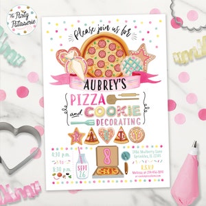 Pizza and Cookie Decorating Birthday Invitation, Digital File, Printable, Custom, Baking Party Invite, Pizza Party, Cookie Party