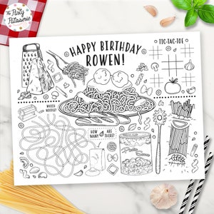 Printable Spaghetti Coloring Placemat, Pasta Party, Personalized, Digital File, Printable, Custom, Cooking Party, Sleepover, Activity Mat