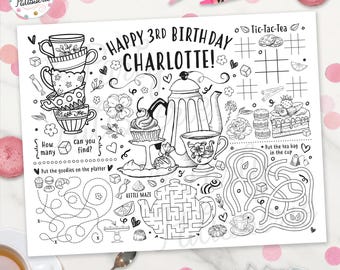 Printable Tea Party Coloring Placemat, Personalized