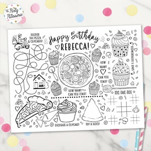 Pizza and Cupcakes Coloring Placemat, Pizza Party, Personalized, Digital File, Printable, Cupcake Party, PJ Party, Sleepover, Activity Mat