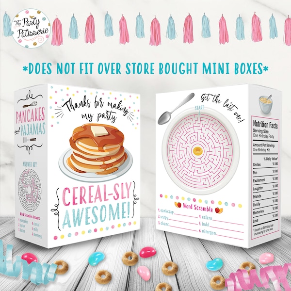 Make Your Own Pancakes and Pajamas Mini Cereal Box Favor, Pancake Birthday Party Digital File, Printable, Pancake Party