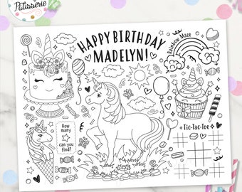 Unicorn Coloring Placemat, Unicorn Party, Girly Party, Printable, Custom, PJ Party, Sleepover Party