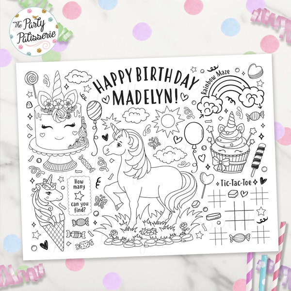 Unicorn Coloring Placemat, Unicorn Party, Girly Party, Printable, Custom, PJ Party, Sleepover Party