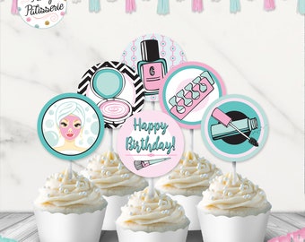 Spa Birthday Party Cupcake Circles, Cupcake Toppers, Pink, Turquoise, Instant Download, Digital File, Printable, Sticker Circles, Spa Party