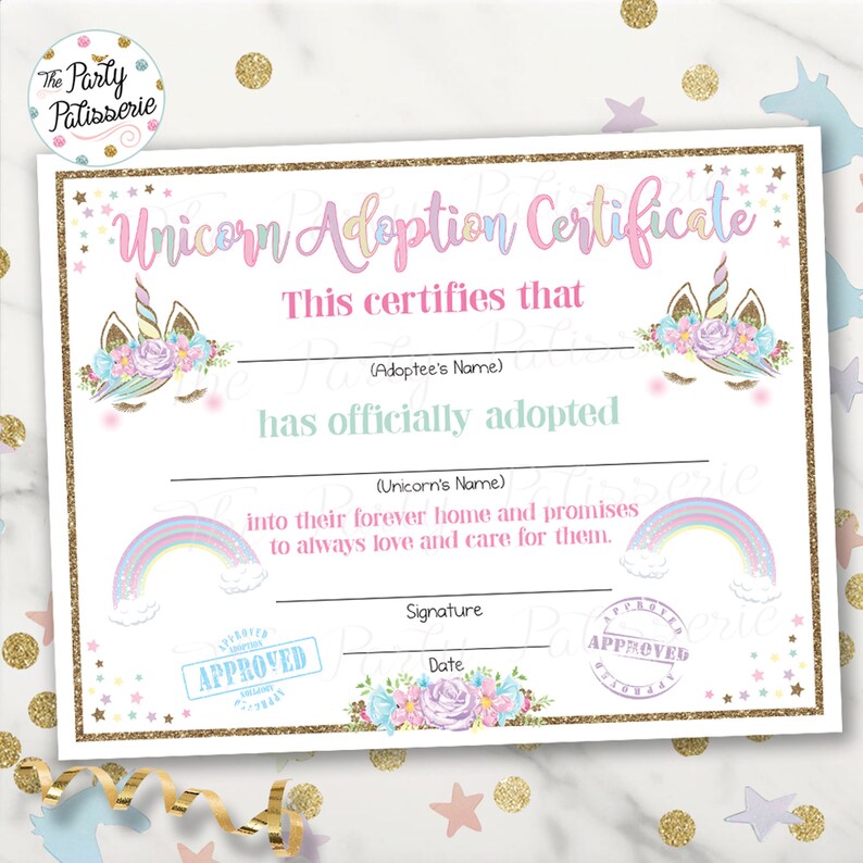 Unicorn Adoption Certificate Unicorn Birthday Printable | Etsy
