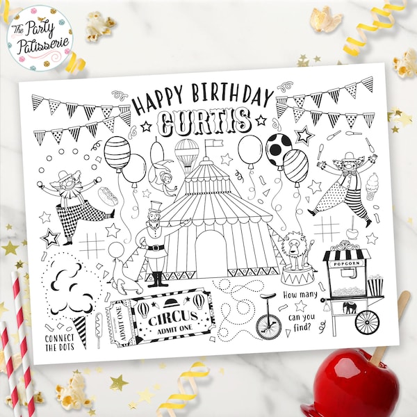 DIGITAL Circus Coloring Placemat, Carnival Placemat, Personalized, Custom, Circus Party Game, Circus Birthday Party, Activity Mat